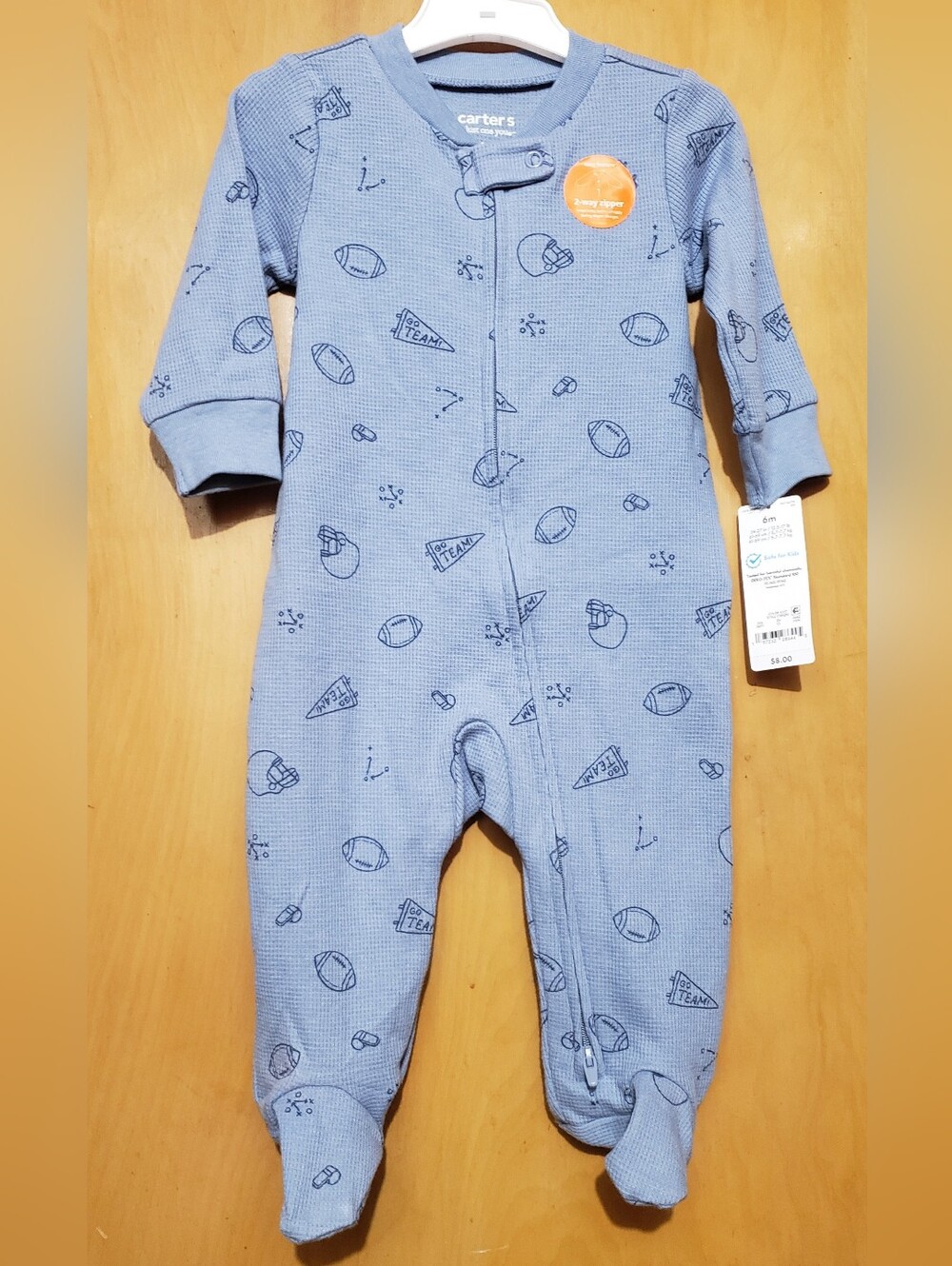Carter's Light Blue Football-Print Waffle-Knit Footed One-Piece